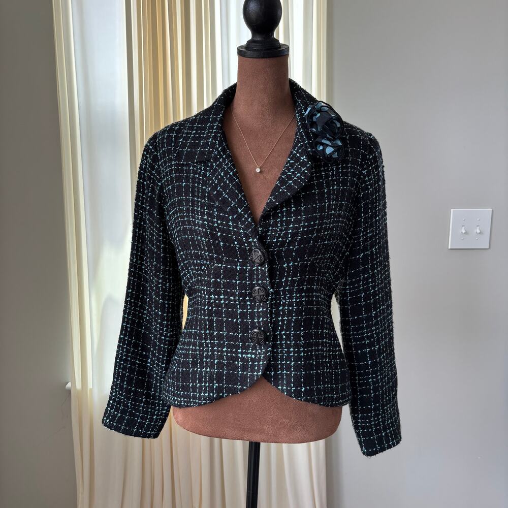 Y2K Tweed Blazer S Blue Plaid Floral Lapel Rosette Office Siren Whimsy Rom Com